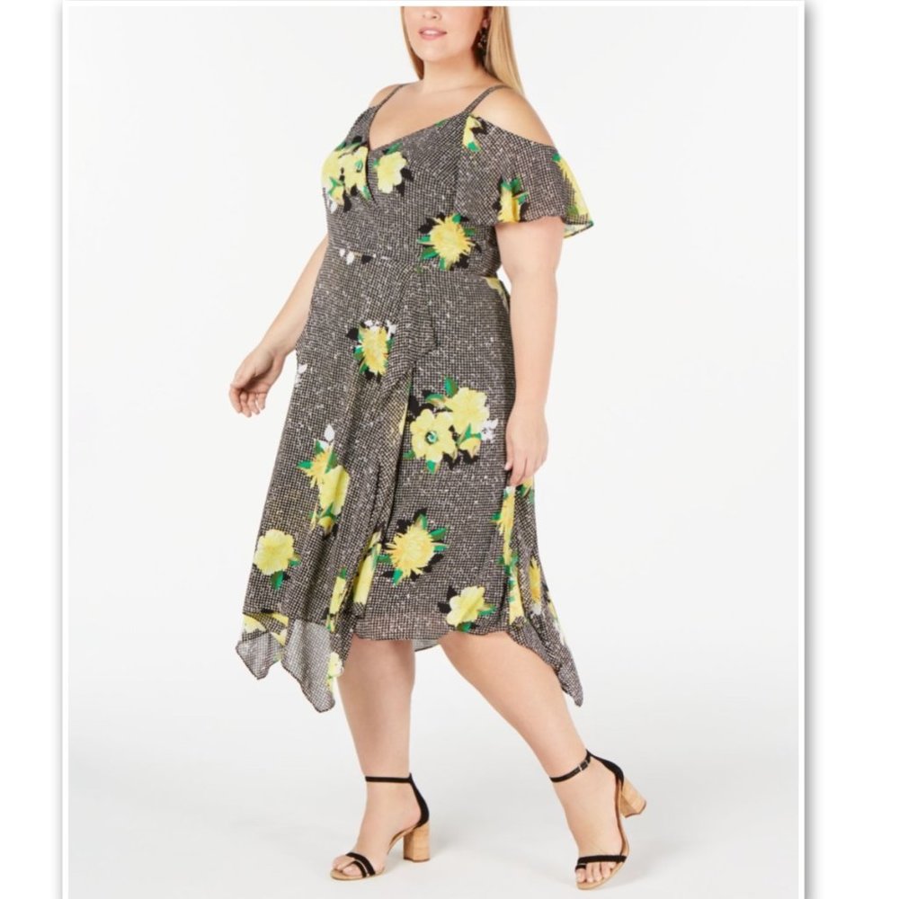 NWT! INC Macys Gingham Floral Cold Shoulder Dress Plus